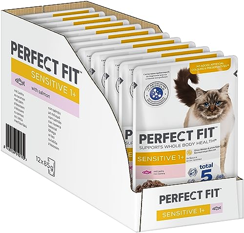 Perfect Fit Sensitive 1 Nassfutter für erwachsene sensible Katzen ab 1 Jahr Lachs in Sauce Unterstützt die Verdauung 12 x 85 g