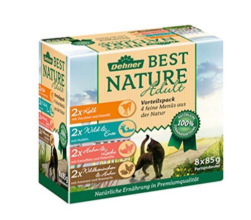 Dehner Best Nature Katzenfutter Multipack für ausgewachsene je 2x Kalb Wild Huhn Kaninchen 8x 85g Beutel 680 g