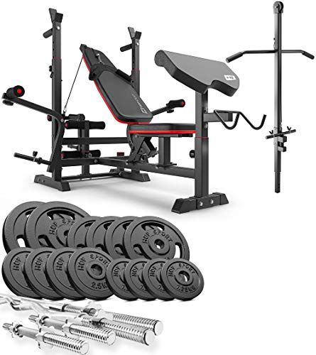 Hop-Sport Hantelbank Kraftstation HS-1075 mit Curlpult Latzug inkl. Lang- Curl- Kurzhantel Gusseisen Gewichte 76kg bis 116kg 76kg
