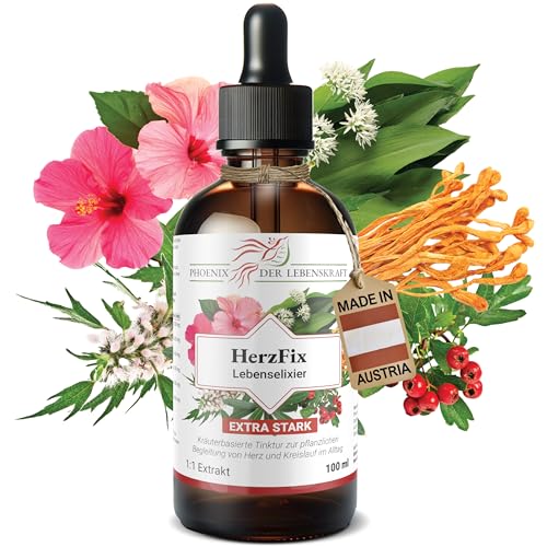 HerzFix Tinktur 100 ml Pflanzliche Unterstützung für Herz Blutdruck Gefäße 1 1 Extrakt mit Weißdorn Herzgespann Olivenblatt Hibiskus Bärlauch Cordyceps hochdosiert antioxidativ vegan