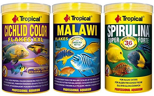 Tropical 1 Liter Spirulina Forte 36% 1 Liter Malawi Flocken 1 Liter Cichlid Color Flakes 3 er Set Fischfutter