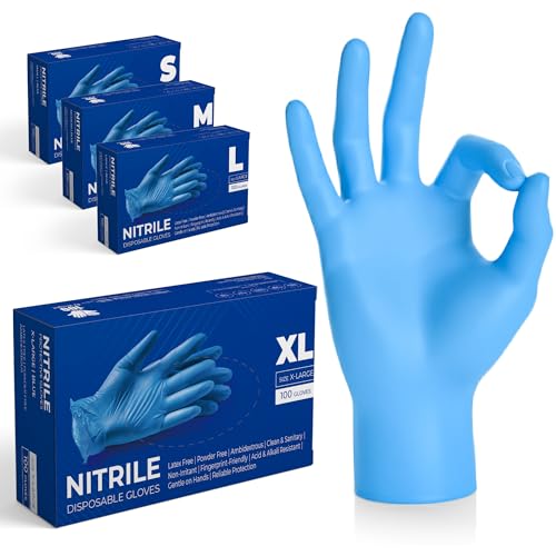 The Real Touch Einweghandschuhe Blau Nitrilhandschuhe   Box mit 100 Stück Einmalhandschuhe Puderfrei und Latexfrei Nitril Handschuhe Einweg für Küche und Reinigung Blau XL