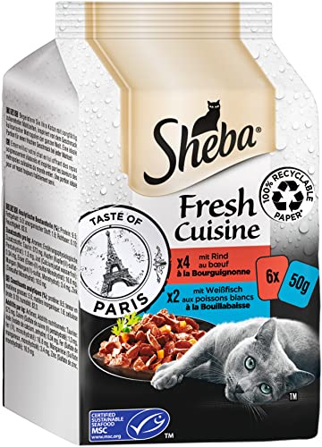 Sheba Katzennassfutter Fresh Cuisine Taste of Paris 36 Portionsbeutel 6x50g 6er Pack Katzenfutter nass mit Rind und Weißfisch MSC zertifiziert