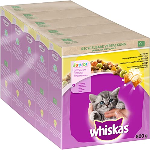 Whiskas Junior Trockenfutter Huhn 5x800g 5 Packungen - für heranwachsende Katzen - Extra kleine Kibbles für Kätzchen 2-12 Monate - unterschiedliche Produktverpackungen erhältlich