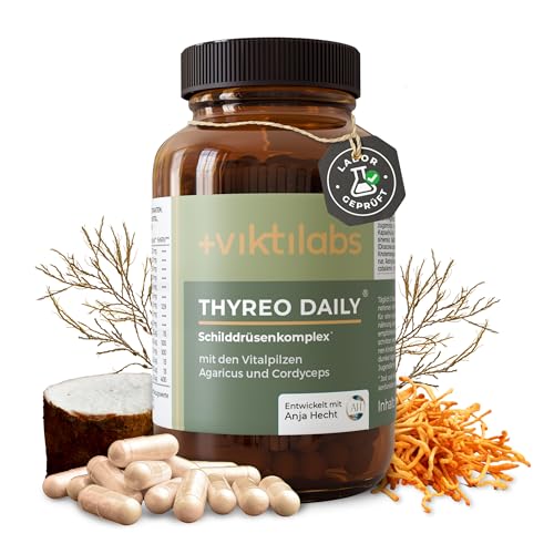 Thyreo Daily - Nährstoffkomplex für eine gesunde Schilddrüsenfunktion - Mit Jod Selen L-Tyrosin für Hormonproduktion - Ergänzt mit Vitalpilzen Cordyceps Agaricus blazei - 100% vegan - 60 Kapseln
