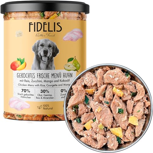 Fidelis Gekochtes Frische-Menü Hunde mit Huhn Reis Zucchini Mango 6 x 400g Glas Hundefutter mit 70% Fleischanteil frischen Zutaten Nassfutter ohne Zusätze ungekühlt haltbar
