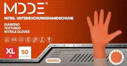 Extra Stark Einweghandschuhe 8g Diamant Grip Nitrile Untersuchungshandschuhe Arbeitshandschuhe für Werkstatt GARTENARBEIT MECHANIKER GASTRONOMIE INDUSTRIE 50 Orange XL