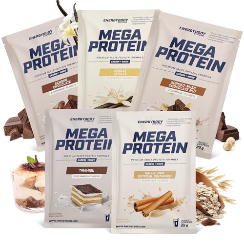 Energybody Mega Protein Pulver Probierpaket 1-5x25g - Mehrkomponenten Protein mit Casein Whey Mix als Eiweiss Protein Pulver Proteinpulver Probierpackung Eiweißpulver Probierset