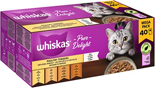 Whiskas 1 Katzennassfutter Ragout Geflügel Auswahl in Gelee 40x85g 1 Packung Hochwertiges Nassfutter für ausgewachsene in 40 Portionsbeuteln