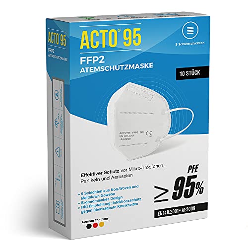 Acto 95 Premium FFP2 Atemschutzmaske 10er Pack CE-zertifiziert 5-lagig Einzeln verpackt Bequem tragbar effektiver Partikelfilter