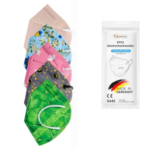 TubeRoo FFP2 Maske Set Frühling mit 5 Farben Muster Motiv Grün Hellblau Dunkelgrau Pink 50 Stück Masken aus Deutschland Made in Germany weiche Ohrschlaufen Bänder Atemschutzmaske Mundschutz