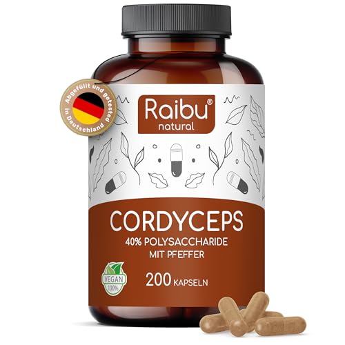 Raibu Cordyceps Kapseln hochdosiert 200 Kapseln mit 2100 mg Pilz Extrakt 10 1 pro Tagesdosis 21.000mg Cordyceps - 40% Polysaccharide - Cordyceps Sinensis mit schwarzer Pfeffer laborgeprüft vegan
