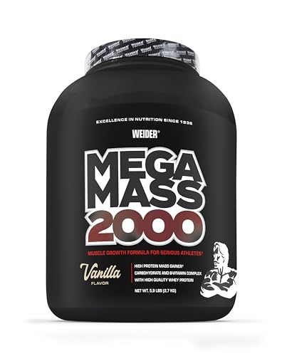 WEIDER Mega Mass 2000 Weight Gainer für Muskelaufbau Leckerer Mass Gainer Shake mit hochwertigem Whey Protein Kohlenhydraten Vitaminen Muskelaufbau Pulver perfekt zum Zunehmen Vanille 2 7kg