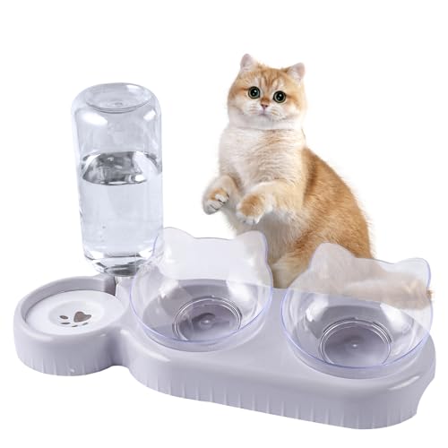 Katzennapf 3er Set 3-in-1 Katze Futternapf und Wassernapf Set Doppel-Katzennäpfe mit Wasserspender für Haustiere 15 Kippbare Katzennapf Erhöht für Kleine Mittelgroße Hunde Katzen