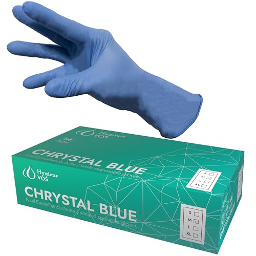 Hygiene VOS Nitril Einweghandschuhe Chrystal Blue 10 Boxen 100 Stück Puderfrei Latexfrei Chemikalienbeständig Durchstichfest EN 455 EN ISO 374 Größen S M L XL M