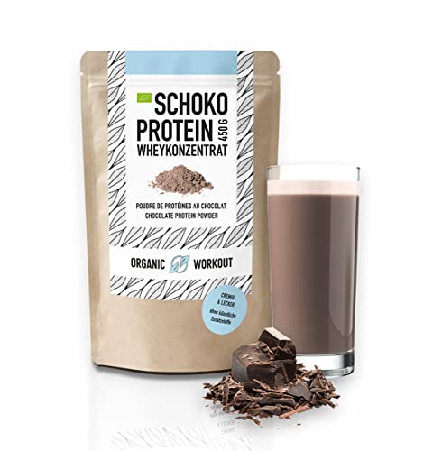 Organic Workout BIO SCHOKO-PROTEINPULVER AUS WHEY-PROTEIN-KONZENTRAT bio lower-carb Eiweiß-Pulver mit purem Kakao mit Erythrit Premium Molkeprotein aus Weidehaltung 450 g