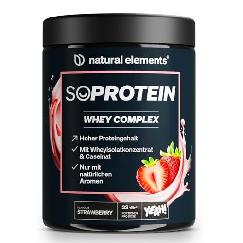 natural elements SoProtein Whey Complex Protein Pulver Erdbeergeschmack 690g 23g Protein pro Portion ideal zum Muskelaufbau perfekte Löslichkeit in Deutschland produziert laborgeprüft