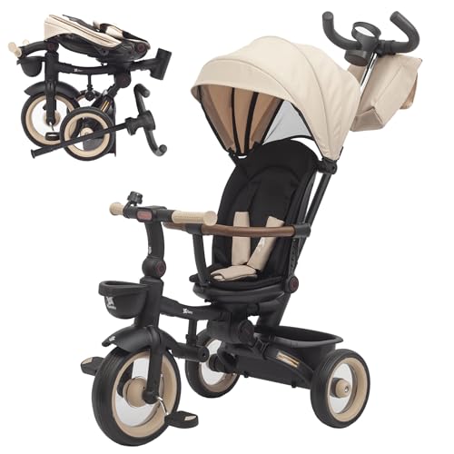 Twinly - Evolutionäres Dreirad für Babys Sami faltbar mit drehbarem Sitz um 360 Grad drehbar 2 Jahre Kinderwagen Lauflernspielzeug 1-5 Jahre oder 25 kg Licht ausziehbares Verdeck Beige