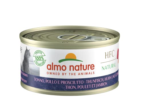 Almo Nature HFC Natural Nassfutter für Erwachsene Katzen Thunfisch Huhn und schinken - Dose 24x 70 g.