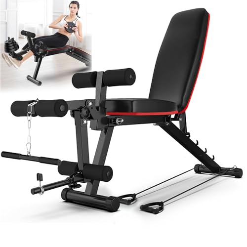 Hantelbank Verstellbar mit Beincurl Beinstrecker Trainingsbank Multifunktion - 5 Fach Verstellbarer Rückenlehne 2 Fitnessbänder - Home Workout Equipment - Belastung 200Kg