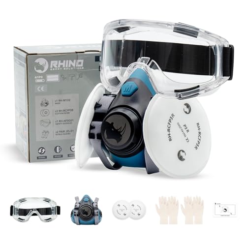 RHINO Smart Solutions Atemschutzmaske Staub RH-M102 Atemschutz Respirator Mask P3R FFP3 Filter mit Schutzbrille Gas Maske für Feinstaub Lackierer Schimmel Artbeiten Schleifen