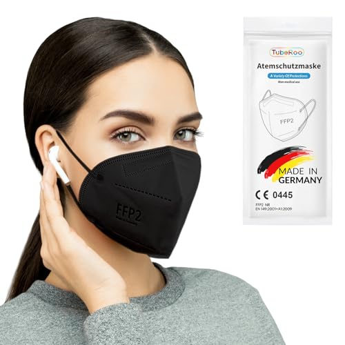 TubeRoo FFP2 Maske schwarz 50 Stück Masken aus Deutschland Made in Germany weiche runde Ohrschlaufen Bänder Atemschutzmaske Mundschutz