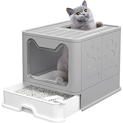 Katzenklo Katzentoilette mit Deckel ausziehbares Tablett geräumig für Katzen bis 15 kg weniger Spuren auslaufsicherer Boden Grau