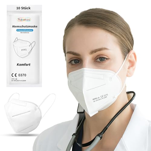 TubeRoo FFP2 Maske weiß 10 Stück Atemschutzmaske 5-lagig Schutz Masken Mundschutz Staubschutzmaske deutscher Händler