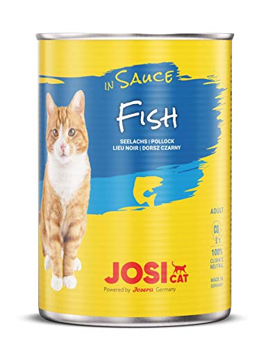 JosiCat Fish in Sauce 12 x 415 g Feines Katzenfutter Nassfutter in Sauce Katzenfutter mit Lachs für ausgewachsene Katzen powered by JOSERA