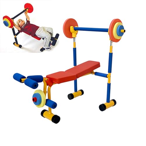 Kinder-Gewicht-Bank-Set Kinderspielzeug-Bank- und Beinpresse verstellbares Sporttrainingsgerät für Kleinkinder mit Gewichten Schaumstoffschale und -stange für Anfängerübungen