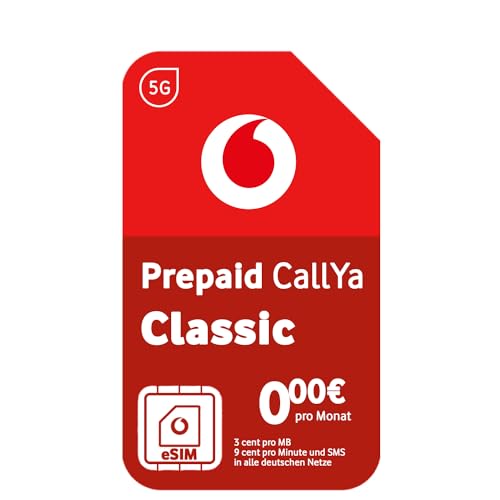 Vodafone Prepaid CallYa Classic SIM-Karte ohne Vertrag eSIM I 5G Netz 9 Ct. pro Min oder SMS in alle dt. Netze die EU I 3 Ct. pro MB I 10 Euro Startguthaben