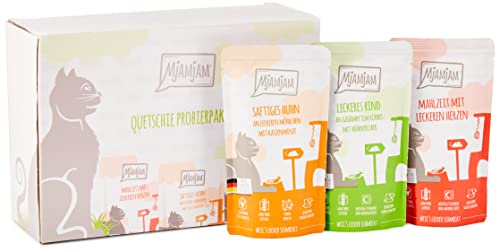 MjAMjAM - Premium Nassfutter für Katzen - Mixpaket I - Huhn Rind Herzen 12er Pack 12 x 125 g getreidefrei mit extra viel Fleisch