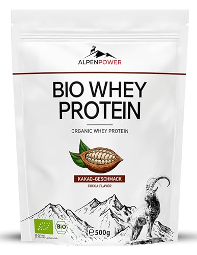 AlpenPower BIO WHEY Protein Kakao 500 g - 100% natürliche Zutaten ohne Zusatzstoffe - Hochwertiges CFM Eiweiß-Pulver aus bester Bio-Alpenmilch