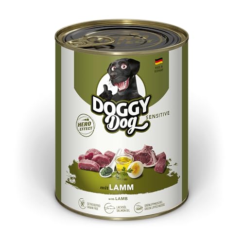 DOGGY Dog Pat Lamm Sensitive 6 x 800 g Nassfutter für Hunde getreidefreies Hundefutter mit Lachsöl und Grünlippmuschel besonders gut verträgliches Alleinfuttermittel Made in Germany