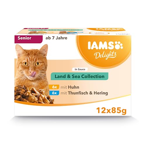 IAMS Delights Senior Katzenfutter Nass   Multipack mit Huhn und Fisch in Sauce hochwertiges Nassfutter für ältere ab 7 Jahre 12x 85 g