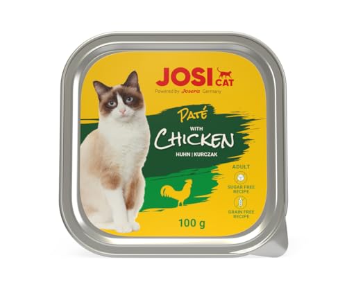 JosiCat Pat with Chicken 32 x 100 g Saftiges Katzenfutter mit Huhn Vitamin E D3 getreidefrei Premium Nassfutter für ausgewachsene Katzen Alleinfutter Powered by JOSERA 32er Pack