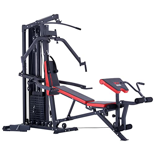 Train Hard Multifunktion Kraftstation Multistation Home Gym aus Hantelbank Seilzugstation Curlpult Butterfly und Beintrainer mit 85 kg Gewichten