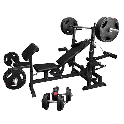 GORILLA SPORTS Hantelbank - inkl. 100kg Hantelset Ablage Dip-Station Curlpult Beincurler Butterfly Latzug Verstellbar Schwarz Weiß - Multifunktion Trainingsbank mit Gewichten Kraftstation