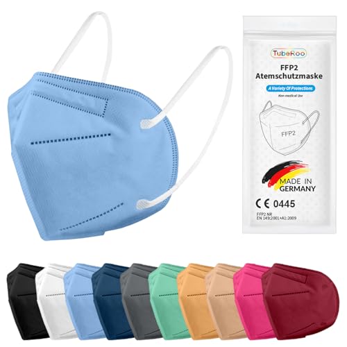 TubeRoo FFP2 Maske blau hellblau 5 Stück Masken aus Deutschland Made in Germany weiche Ohrschlaufen Bänder Atemschutzmaske Mundschutz Schutzmaske Staubmaske Feinstaubmaske