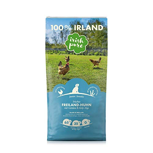 Irish Pure Welpenfutter Trockenfutter 12kg Freiland-Huhn mit Kelp-Alge Gemüse Junior Hoher Fleischanteil Getreidefrei Sensitiv Hundetrockenfutter Für alle Rassen