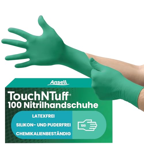 Ansell TouchNTuff 92-600 Nitril- Einmalhandschuhe Einweghandschuhe für Lebensmittel Chemikalienschutzhandschuhe mit hohem Schutz Latexfreie Handschuhe Grüne Nitrilhandschuhe 100 Stück Gr. XS