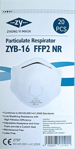 SESCO FFP2 NR Zertifizierte Einweg-Atemschutzmaske mit Ventil und Kopfband Korbmaske 20 Stück
