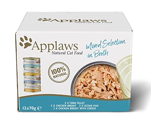 Applaws Premium Natural Nassfutter für Katzen Fisch und Huhn in Brühe 70g Dose 12x70g Packung