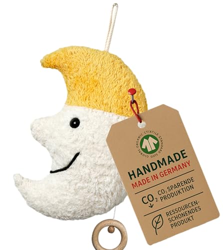 Efie Bio-Spieluhr Mond mit Mütze 100 % Baumwolle kbA Füllung aus Schurwolle kbT GOTS-zertifiziert handgemacht in Deutschland - Melodie LaLeLu
