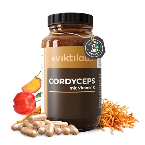 Viktilabs Premium Cordyceps Vitalpilze Kapseln mit Vitamin C aus Acerola Extra hochdosiert - 426 mg Cordyceps Extrakt 108 mg Pulver pro Kapsel 70-Tage-Vorrat Ohne Zusätze