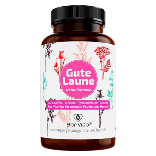 BonVigo GUTE LAUNE - Normale Funktion Nervensystem Psyche unterstützen Vit. B7 B12 Gehirn-Botenstoffe Vit. B5 - Natur-Komplex Passionsblume Lavendel Melisse Cordyceps - L-Tryptophan 60 Kapseln