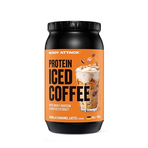 Body Attack Protein Iced Coffee Vanilla Caramel Latte 900 g - Whey Protein Pulver mit Kaffee Extrakt - Erfrischender Proteinshake mit Instantkaffee und Kakao - Mit Koffein Made in Germany