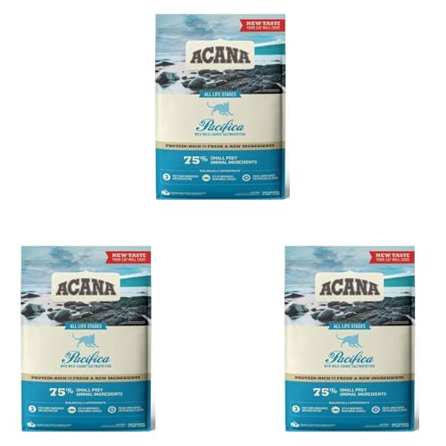 Acana Pacifica 3er Pack 3xg Trockenfuttermittel für Katzen Aller Rassen Lebensphasen Enthält Hering Makrele Flunder Hecht und Rotbarsch aus Wildfang