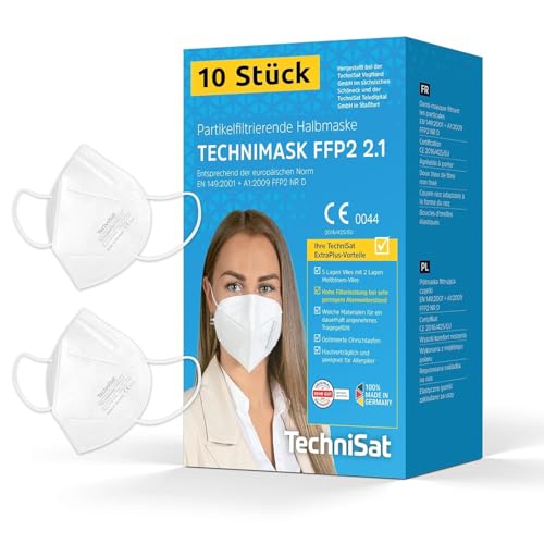 TechniSat TECHNIMASK 2.1 10ück FFP2 Maske aus Deutschland Dolomitstaub geprüft 5 lagige mit hochwertigem Vlies geringer Atemwiderstand Made in Germany
