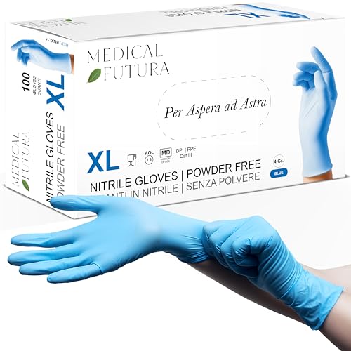 MEDICAL FUTURA - 100 Nitrilhandschuhe XL Blau Einweghandschuhe Anallergisch 4.5g Puderfrei Latexfrei Für Kosmetiker Tätowierer Werkstätten Lebensmittelverarbeitung XL Blau